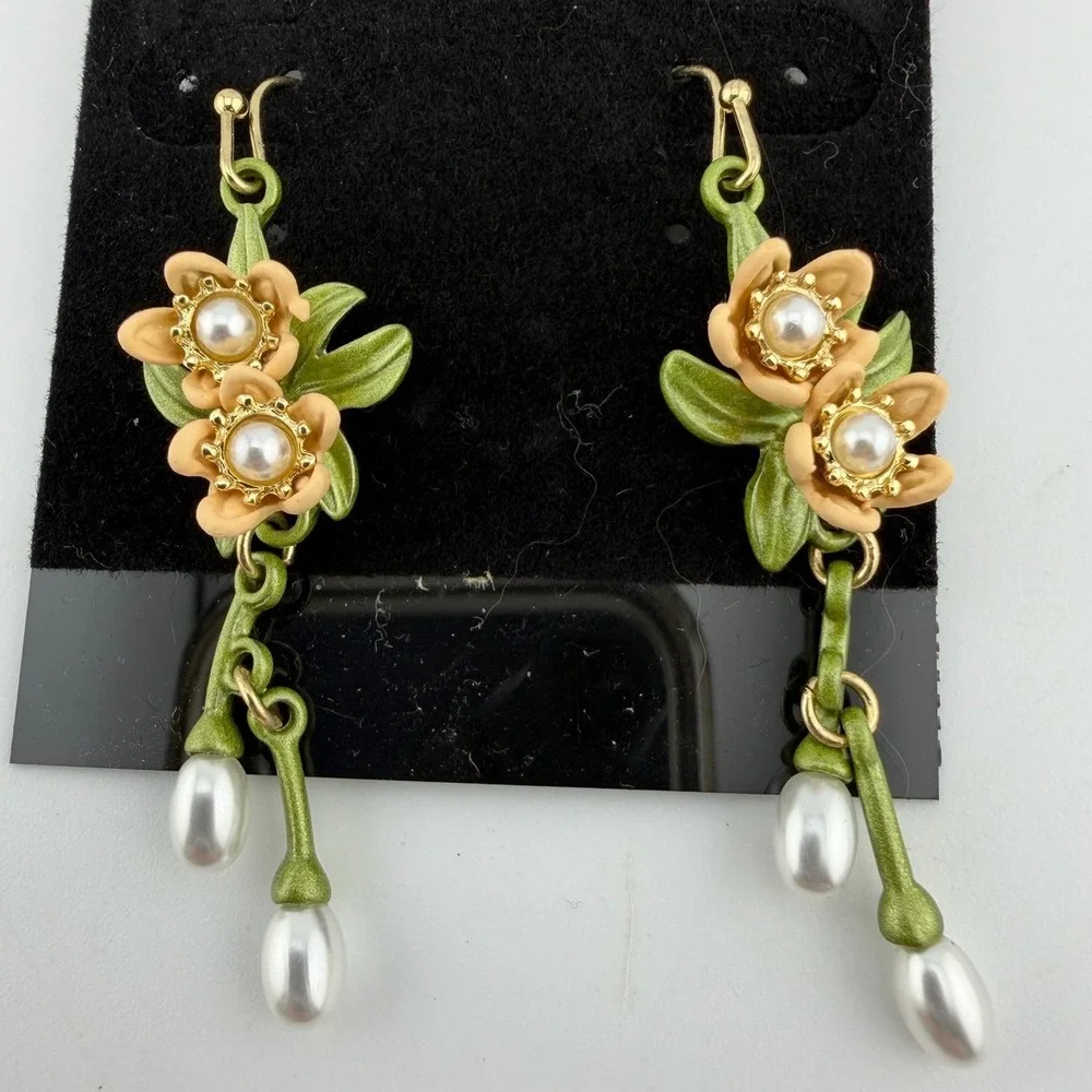Vintage Floral Drop Earrings Green Peach Excellent Enamel Faux Pearl Dangle